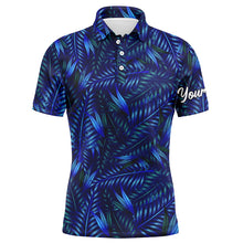 Load image into Gallery viewer, Mens golf polo shirts with blue dark tropical leaves custom name golf shirt, golfing gifts NQS5920