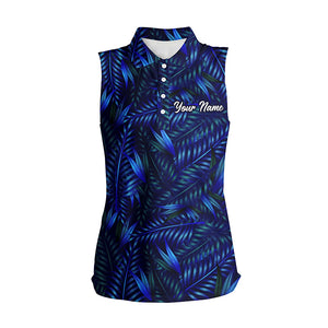 Women sleeveless polo shirts with blue dark tropical leaves custom name golf shirt, golfing gifts NQS5920