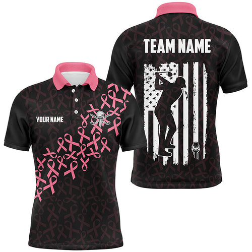 Pink ribbons Breast Cancer Awareness Mens golf polo shirts custom American Flag golf apparel for mens NQS8034