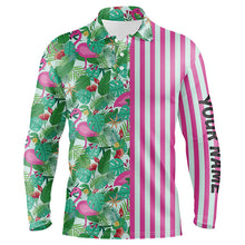 Load image into Gallery viewer, Pink Flamingo green tropical pattern stripes Mens golf polo shirts custom golf outfits for men NQS8035