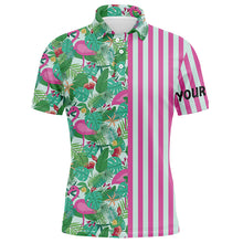 Load image into Gallery viewer, Pink Flamingo green tropical pattern stripes Mens golf polo shirts custom golf outfits for men NQS8035