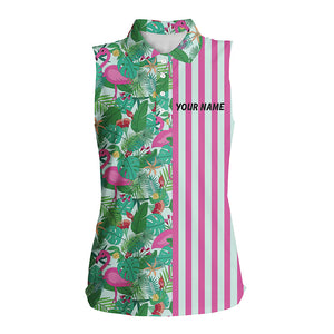 Pink Flamingo green tropical pattern stripes Women sleeveless polo shirt custom golf outfits for Women NQS8035