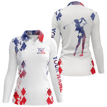 Load image into Gallery viewer, Womens golf polo shirt watercolor American flag custom name white golf shirt NQS3735