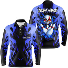 Load image into Gallery viewer, Black and Blue Flame Skull customize bowling shirts for men Team bowling jerseys gift for bowlers NQS8219