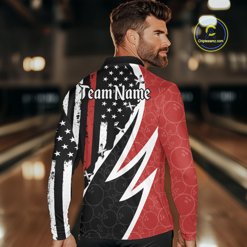 Red, White and Black American Flag Bowling Shirts for Men Custom Patriotic Team Bowling Jersey NQS10429