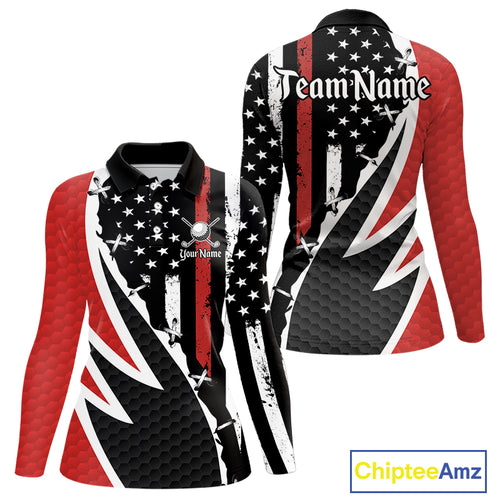 Red, White and Black American Flag Women Golf polo shirt Custom Patriotic Team Golf attire for ladies NQS10430
