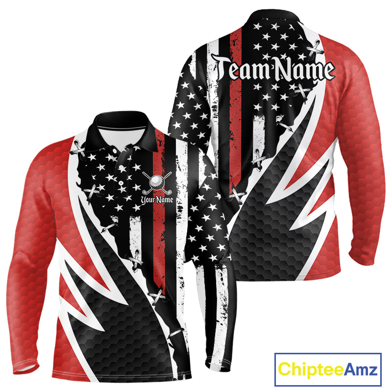Red, White and Black American Flag Mens Golf polo shirts Custom Patriotic Team Golf attire for men NQS10430