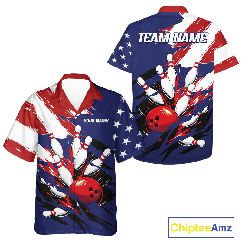 Red, White and Blue American flag Bowling Hawaiian Shirt Custom Patriotic Bowling Team Outfit Uniform NQS10431