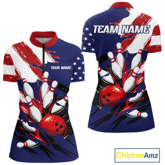 Red, White and Blue American flag Bowling Shirts for Women Custom Patriotic Bowling Team Outfit NQS10431