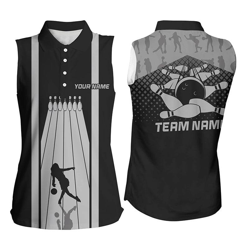 Black and Gray Retro Bowling Sleeveless Polo shirt Custom team bowling jerseys, bowling clothes womens NQS8451