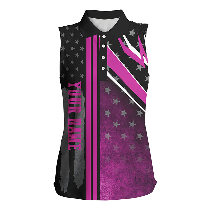 Black and Pink American Flag Women sleeveless polo shirt custom patriotic breast cancer golf attire NQS8454