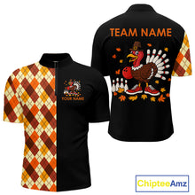 Load image into Gallery viewer, Funny Bowling Turkey Thanksgiving Mens Bowling Shirt Orange argyle pattern Custom Team Bowling Jersey NQS10848