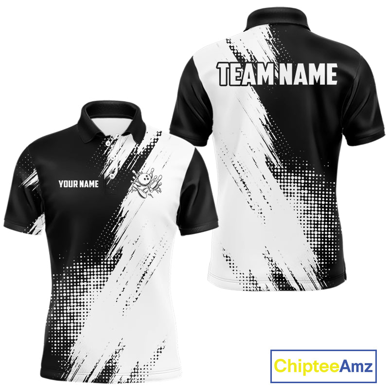 Custom Black and White Strike Bowling Shirts Men Polo, Quarter Zip Bowling Team Jersey Bowling League NQS11038