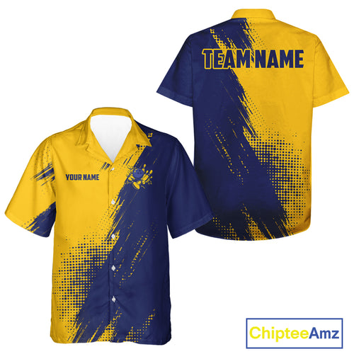 Custom Blue and Yellow Strike Bowling Hawaiian shirt Bowling Team Jerseys Bowling League NQS11039