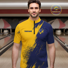 Load image into Gallery viewer, Custom Blue and Yellow Strike Bowling Shirts Men Polo, Quarter Zip Bowling Team Jersey Bowling League NQS11039