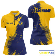 Load image into Gallery viewer, Custom Blue and Yellow Strike Bowling Shirts Women Polo, 1/4 Zip Bowling Team Jerseys Bowling League NQS11039