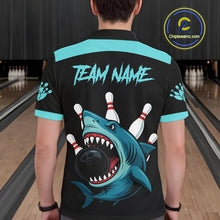 Load image into Gallery viewer, Funny Cyan Blue Shark Men Bowling Polo, Quarter Zip Shirts Custom Team Shark Bowling Outfit Jersey NQS11042