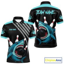 Load image into Gallery viewer, Funny Cyan Blue Shark Men Bowling Polo, Quarter Zip Shirts Custom Team Shark Bowling Outfit Jersey NQS11042