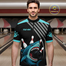 Load image into Gallery viewer, Funny Cyan Blue Shark Men Bowling Polo, Quarter Zip Shirts Custom Team Shark Bowling Outfit Jersey NQS11042