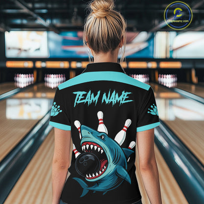 Funny Cyan Blue Shark Women Bowling Polo, Quarter Zip Shirts Custom Team Shark Bowling Outfit Jersey NQS11042