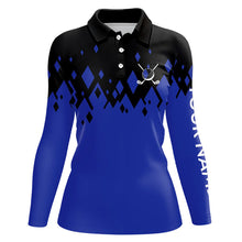 Load image into Gallery viewer, Black and Blue pattern Womens Golf Polo Shirts custom golf attire for women, unique golf gifts NQS9152