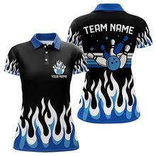 Load image into Gallery viewer, Black and Blue Flame Retro Bowling Polo, Quarter Zip Shirt for Women Custom Bowling Team Jerseys NQS9155