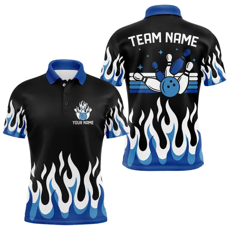 Black and Blue Flame Retro Bowling Polo, Quarter Zip Shirt for Men Custom Bowling Team Jerseys NQS9155