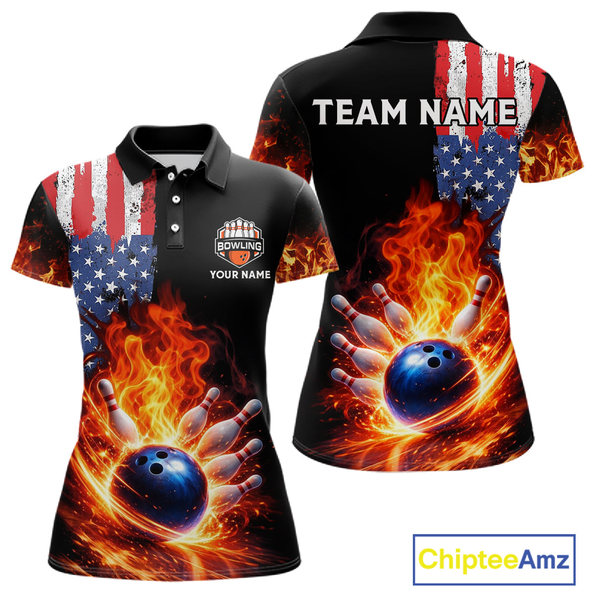American Flag Flame bowling polo, quarter zip shirts for Women Custom patriotic team bowling jerseys NQS11432