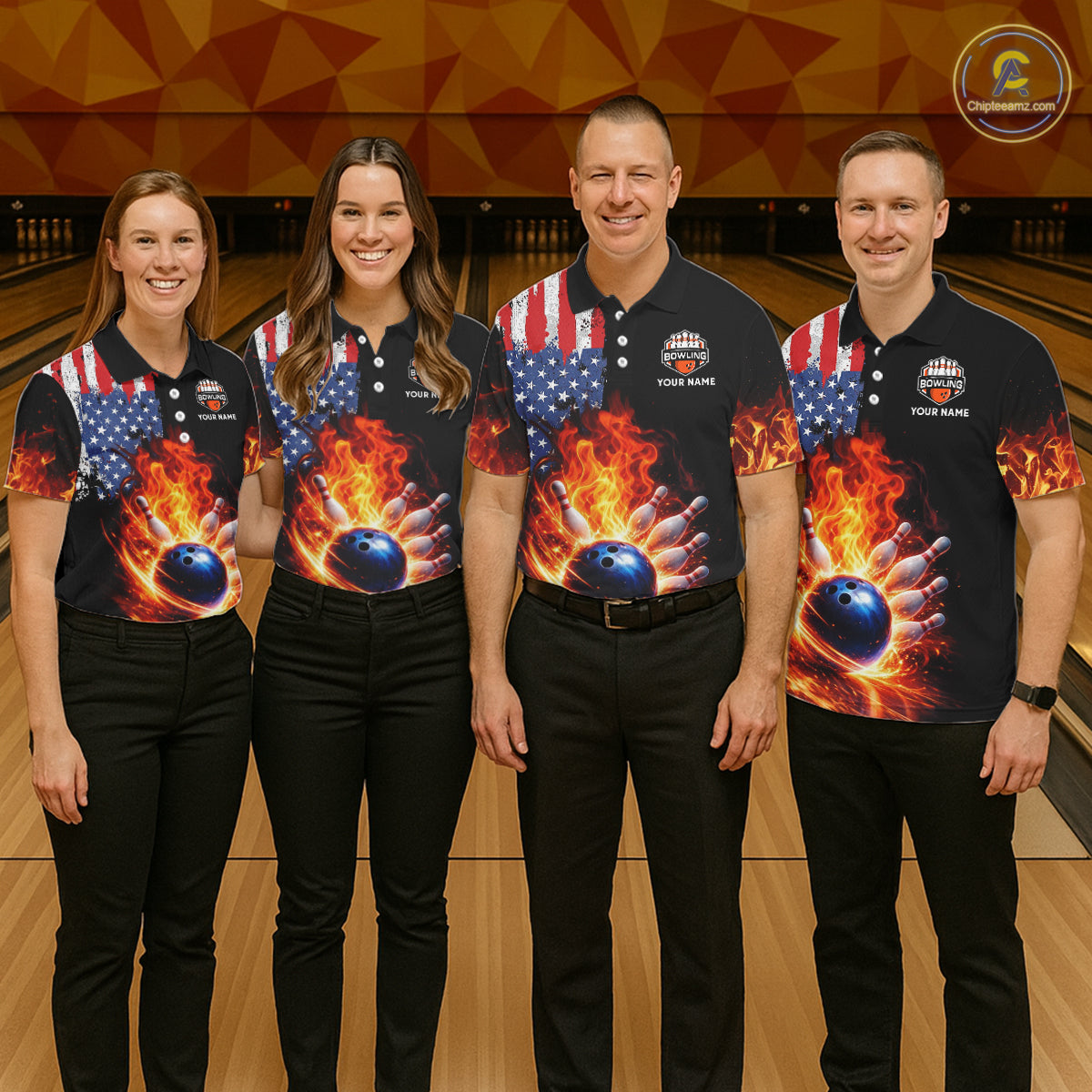 American Flag Flame bowling polo, quarter zip shirts for Women Custom patriotic team bowling jerseys NQS11432