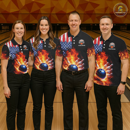 American Flag Flame bowling polo, quarter zip shirts for Women Custom patriotic team bowling jerseys NQS11432