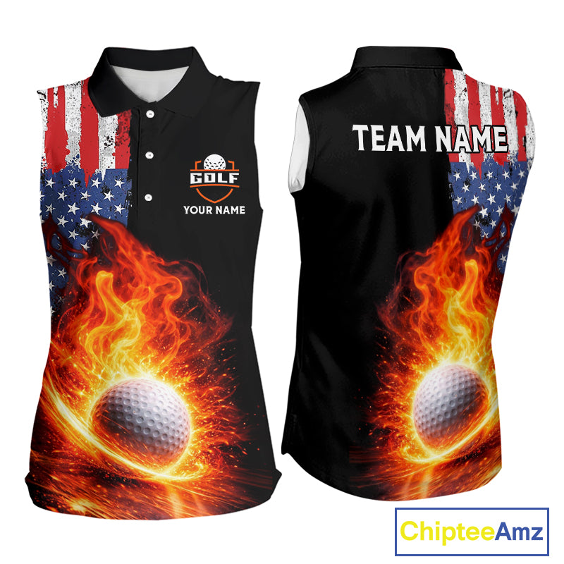American Flag Flame Ladies sleeveless golf tops Custom patriotic team Golf jersey, ladies golf outfit NQS11433