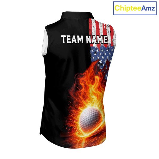 American Flag Flame Ladies sleeveless golf tops Custom patriotic team Golf jersey, ladies golf outfit NQS11433