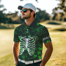 Load image into Gallery viewer, Green shamrock pattern funny Skeleton Mens golf polo shirts custom St Patrick Day golf attire for men NQS9513