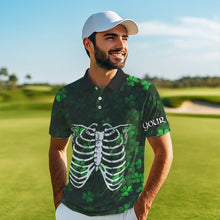 Load image into Gallery viewer, Green shamrock pattern funny Skeleton Mens golf polo shirts custom St Patrick Day golf attire for men NQS9513