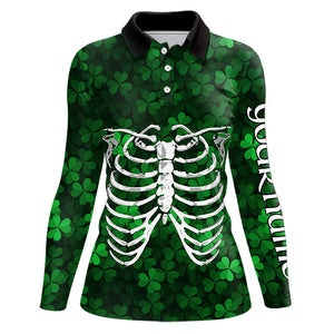 Green shamrock pattern Skeleton Women golf polo shirt custom St Patrick Day golf attire for ladies NQS9513