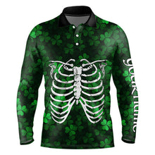 Load image into Gallery viewer, Green shamrock pattern funny Skeleton Mens golf polo shirts custom St Patrick Day golf attire for men NQS9513