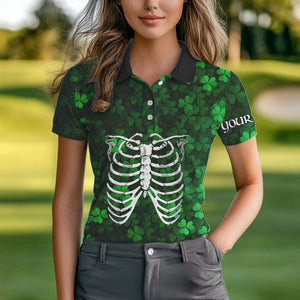 Green shamrock pattern Skeleton Women golf polo shirt custom St Patrick Day golf attire for ladies NQS9513