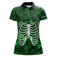 Load image into Gallery viewer, Green shamrock pattern Skeleton Women golf polo shirt custom St Patrick Day golf attire for ladies NQS9513