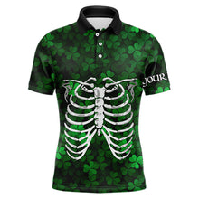 Load image into Gallery viewer, Green shamrock pattern funny Skeleton Mens golf polo shirts custom St Patrick Day golf attire for men NQS9513