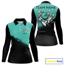 Load image into Gallery viewer, Black and Turquoise Retro Bowling Shirts For Women, Vintage Team Bowling Shirts Custom NQS11635