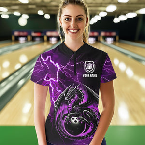 Personalized Black And Purple Thunder Lightning Dragon Bowling Shirts For Women, Bowling Team Uniform NQS9666