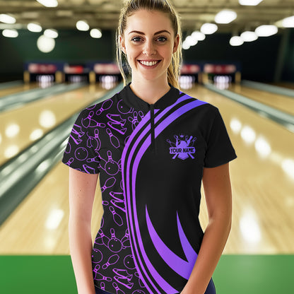 Black Women bowling shirts Custom Purple neon team league bowling jerseys, gifts for bowlers NQS9667