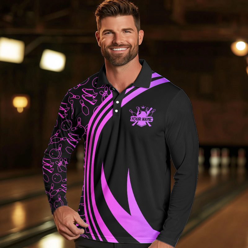 Black Mens bowling shirts Custom Pink neon team league bowling jerseys, gifts for bowlers NQS9668