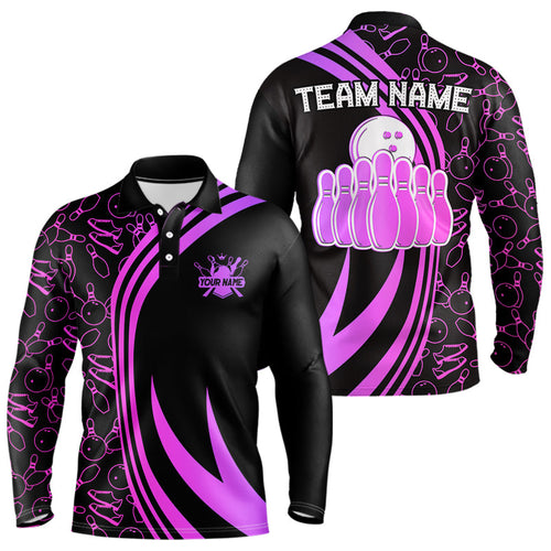 Black Mens bowling shirts Custom Pink neon team league bowling jerseys, gifts for bowlers NQS9668