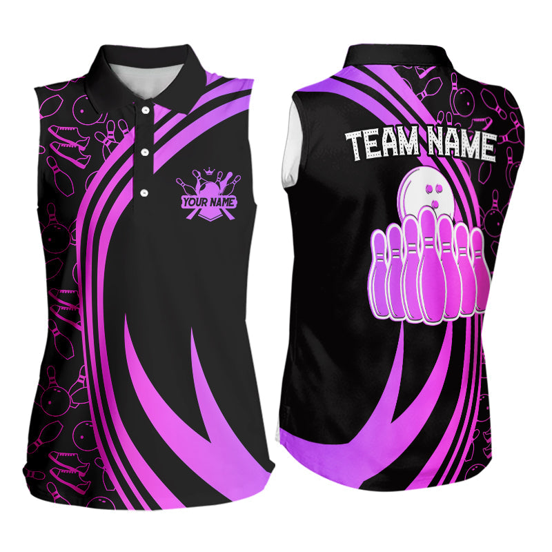 Black Women Sleeveless Polo Shirt Custom Pink neon team league bowling jerseys, gifts for bowlers NQS9668