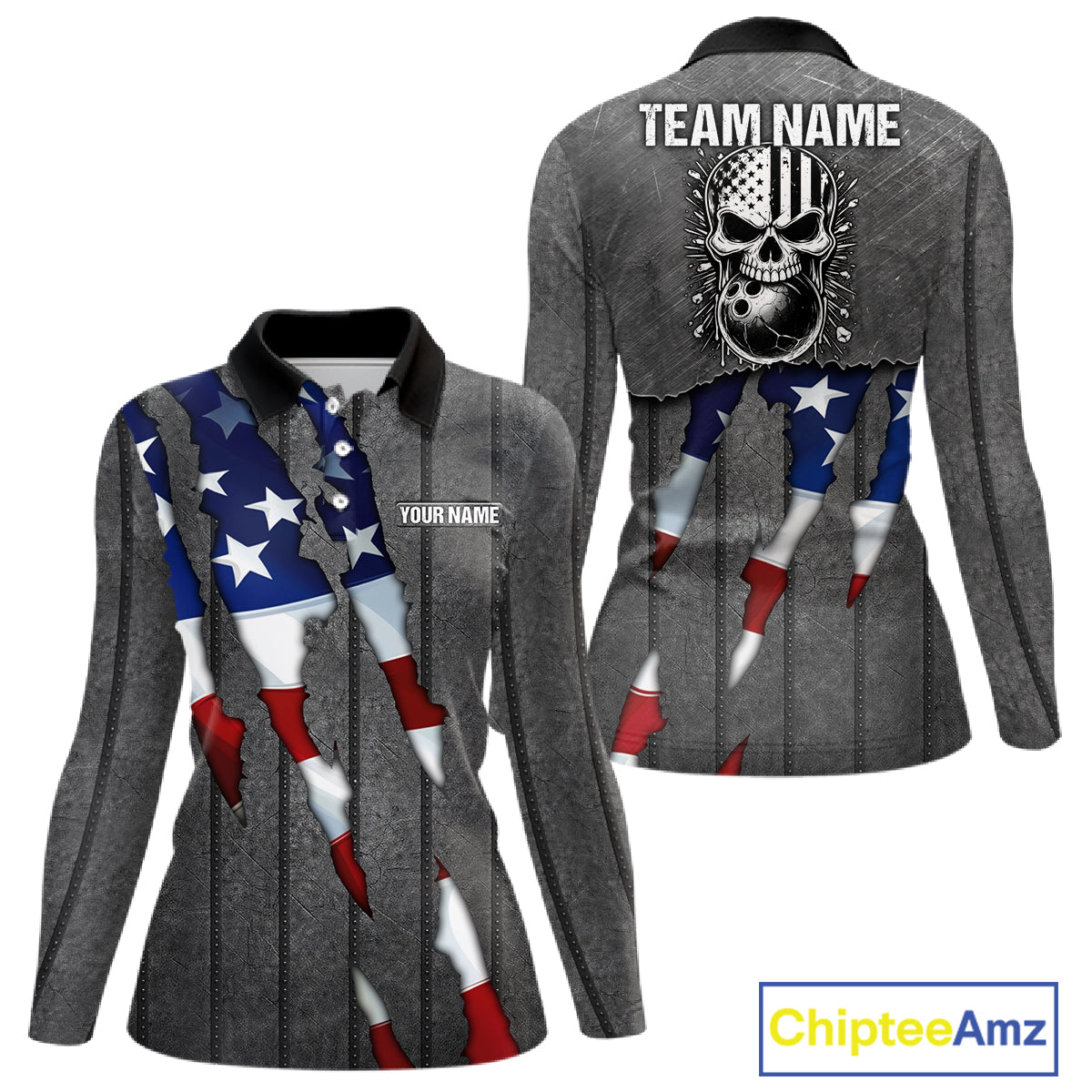 American Flag metal pattern Skull Bowling Shirts For Women Custom patriotic Bowling Team Jerseys NQS11734