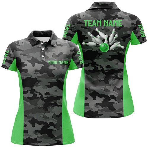 Women bowling Polo, Quarter Zip shirts Custom gray camo Bowling Team League Jerseys | Green NQS7605