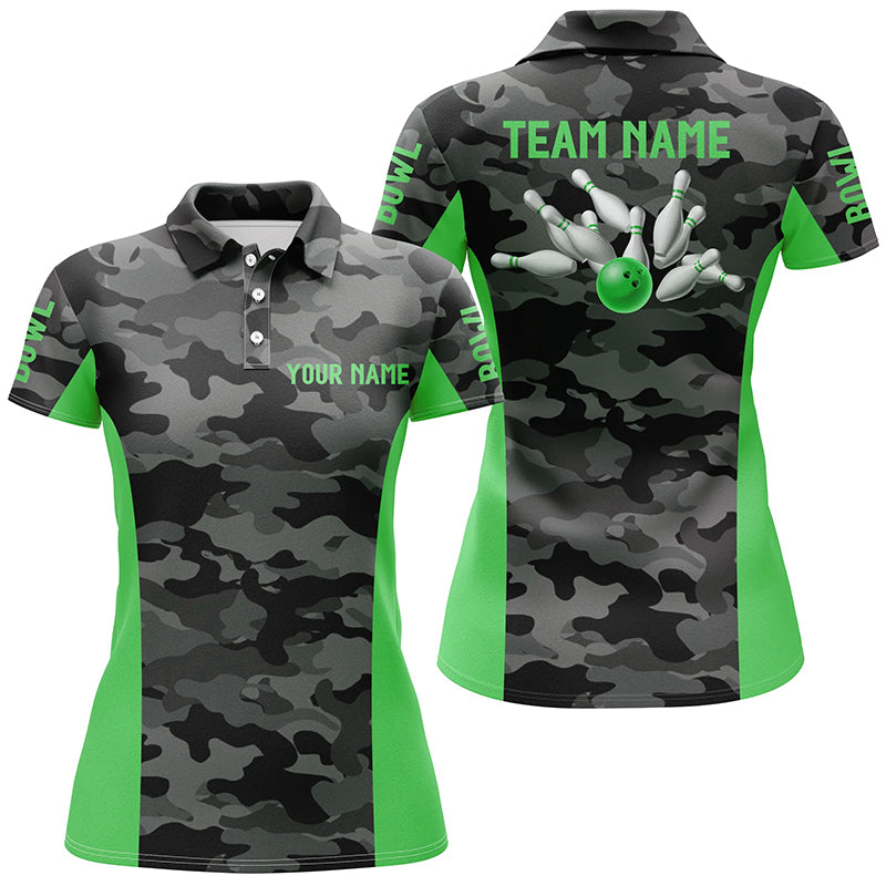 Women bowling Polo, Quarter Zip shirts Custom gray camo Bowling Team League Jerseys | Green NQS7605