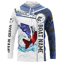 Load image into Gallery viewer, Walleye Fishing blue camo American Flag Custom name &amp; boat name performance Long Sleeve Fishing Shirts NQS3457