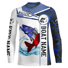 Load image into Gallery viewer, Walleye Fishing blue camo American Flag Custom name &amp; boat name performance Long Sleeve Fishing Shirts NQS3457